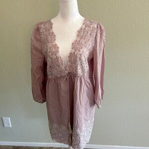 Floral Lace-Trim Dusty Rose Tie-Front Cover-Up